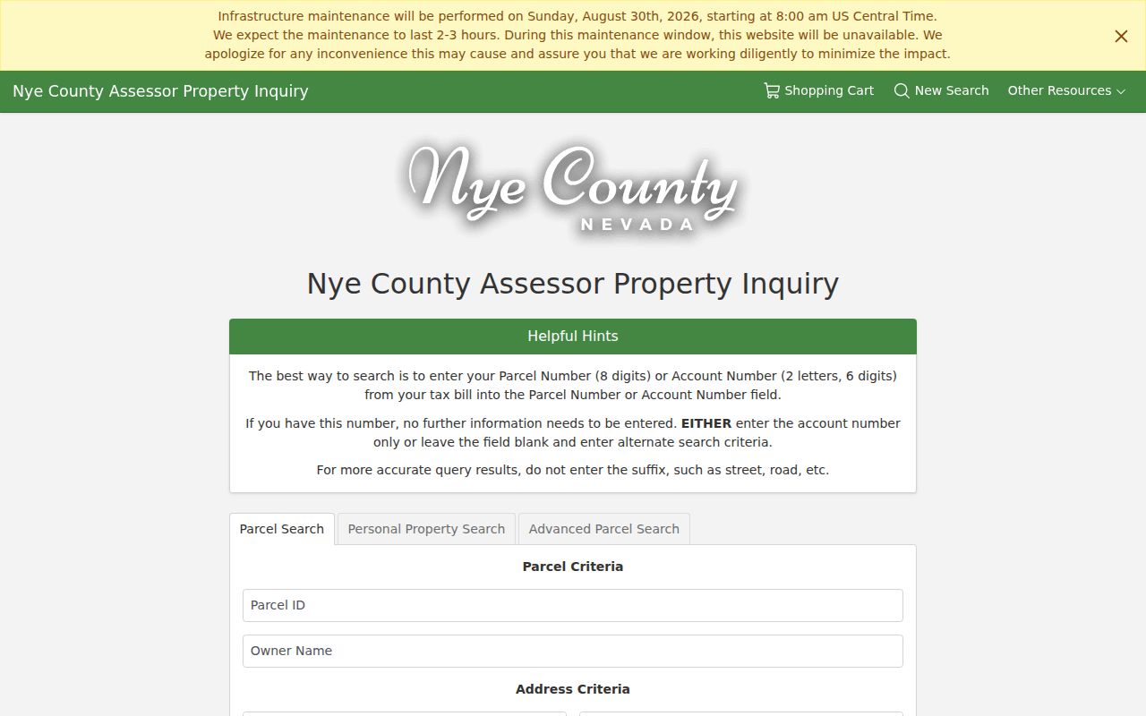 Pahrump residents directory Assessor Property Inquiry search fields