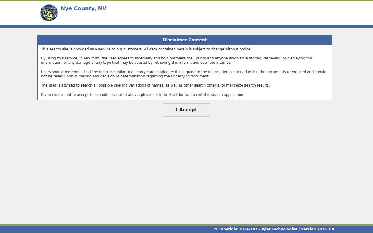 Pahrump residents directory Nye County Recorder index disclaimer